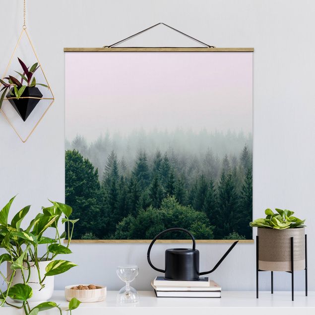 Wanddeko Wohnzimmer Wald im Nebel Dämmerung