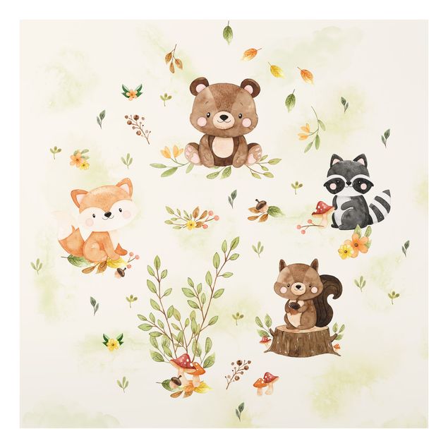 Wanddeko Mädchenzimmer Waldtiere Herbst Fuchs Bär Eichhörnchen Waschbär