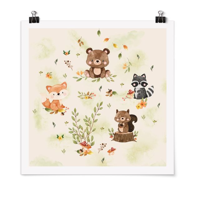 Wanddeko Büro Waldtiere Herbst Fuchs Bär Eichhörnchen Waschbär