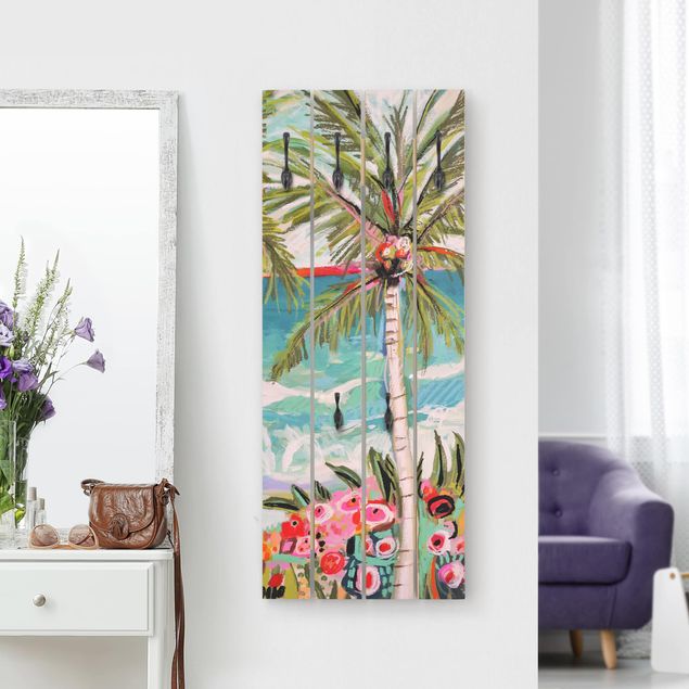 Wanddeko bunt Palme mit pinken Blumen II