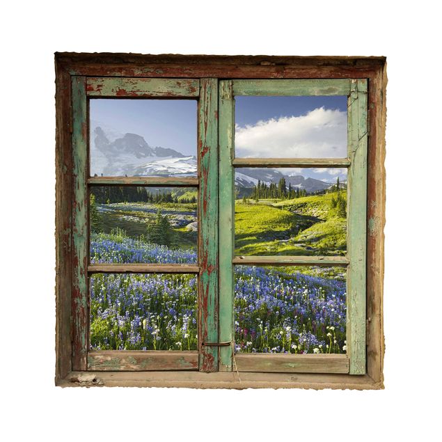 Wanddeko Schlafzimmer Fensterblick Bergwiese mit Blumen vor Mt. Rainier