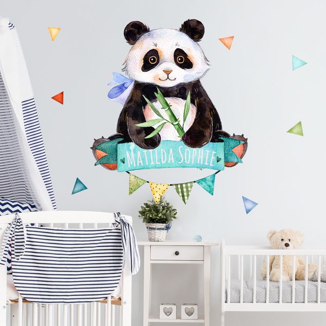 Wanddeko Büro Pandabär Aquarell mit Wunschtext