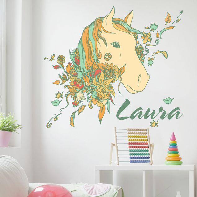 Wanddeko Büro Blumen Pferd mit Wunschname
