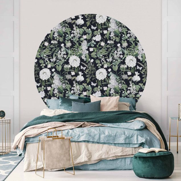 Wanddeko Schlafzimmer Weiße Blüten und Schmetterlinge auf Blau