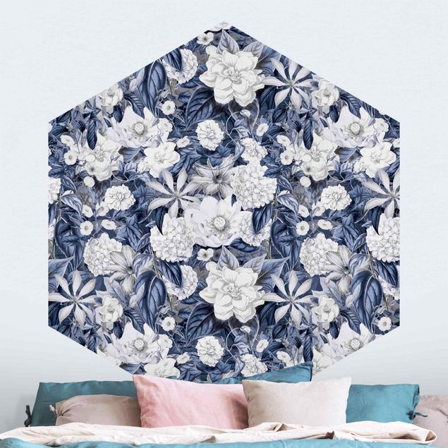 Wanddeko Schlafzimmer Weiße Blumen vor Blau