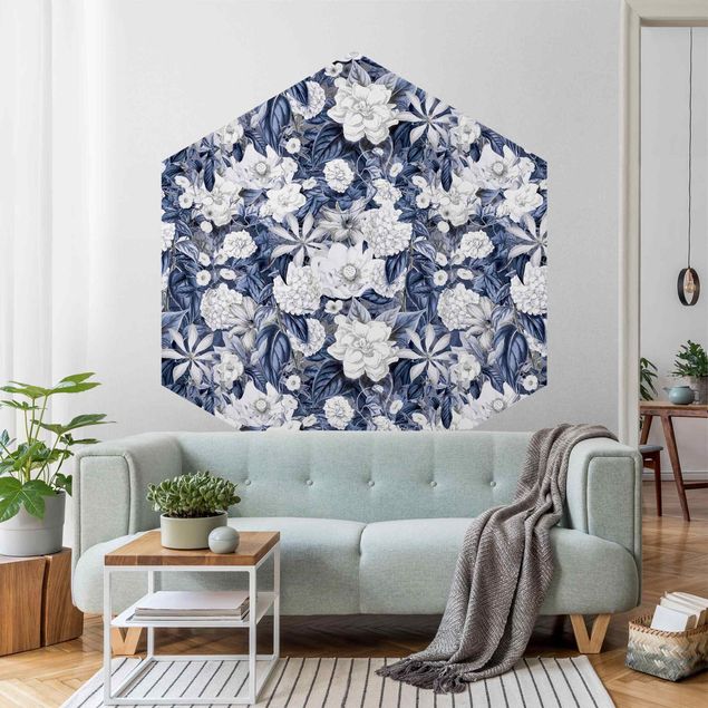 Wanddeko Esszimmer Weiße Blumen vor Blau