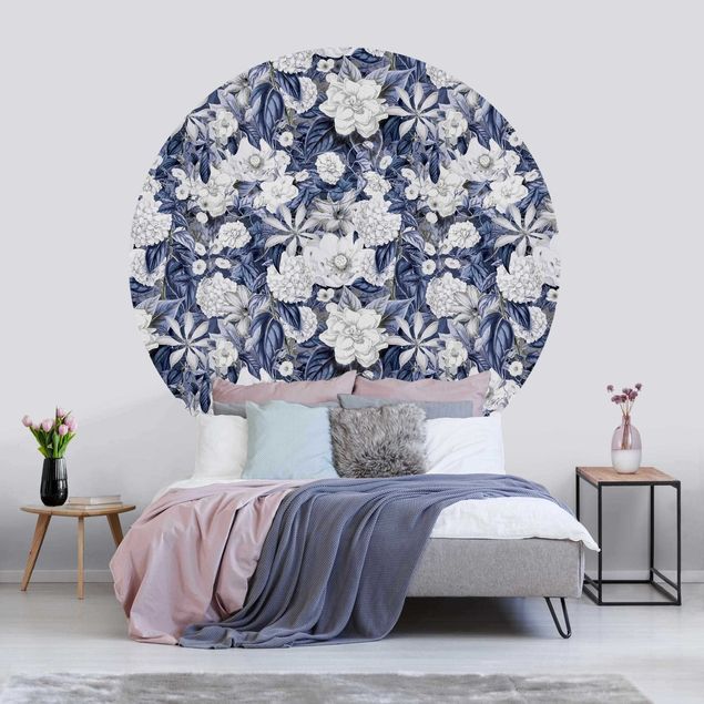 Wanddeko Wohnzimmer Weiße Blumen vor Blau