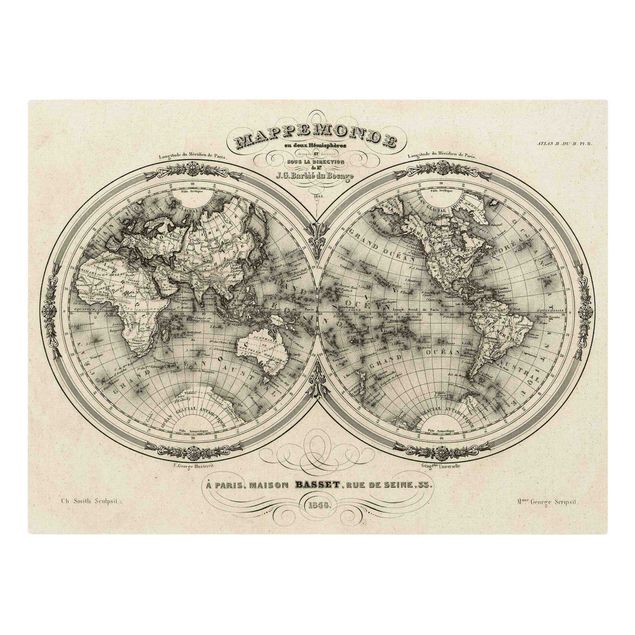 Wanddeko über Sofa Weltkarte - Französische Karte der Hemissphären von 1848