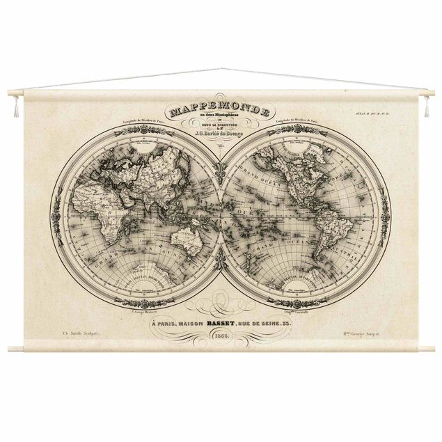 Wanddeko Schlafzimmer Weltkarte - Französische Karte der Hemissphären von 1848