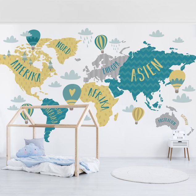 Wanddeko Babyzimmer Weltkarte mit Heißluftballon