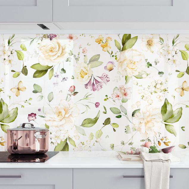 Wanddeko Küche Wildblumen und Weiße Rosen Aquarell Muster