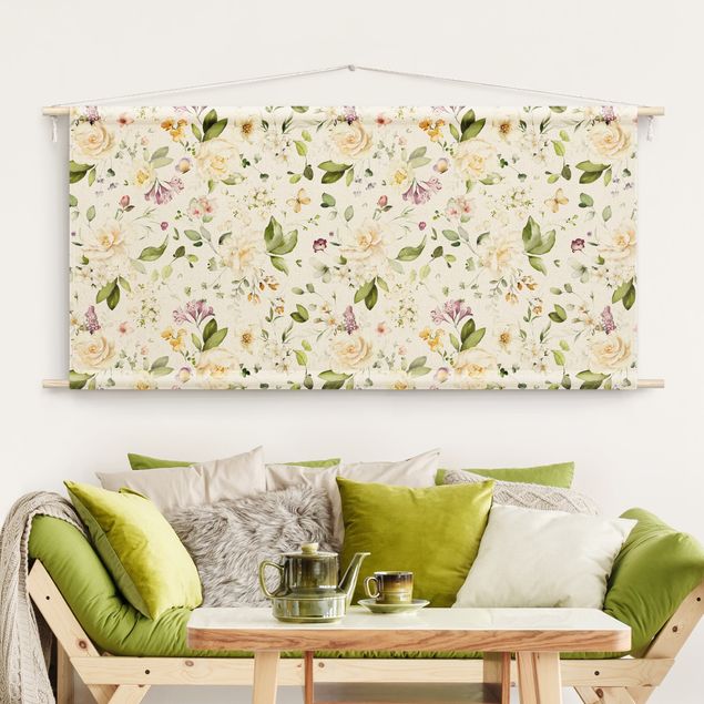 Wanddeko Schlafzimmer Wildblumen und Weiße Rosen Aquarell Muster
