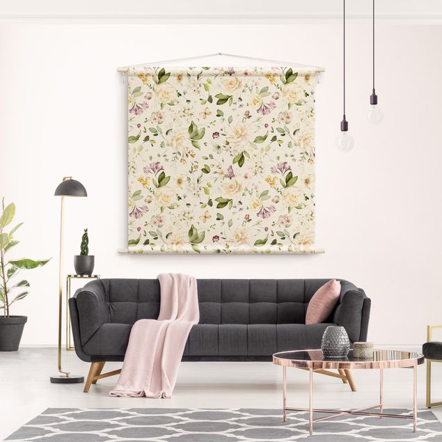 Wanddeko Büro Wildblumen und Weiße Rosen Aquarell Muster