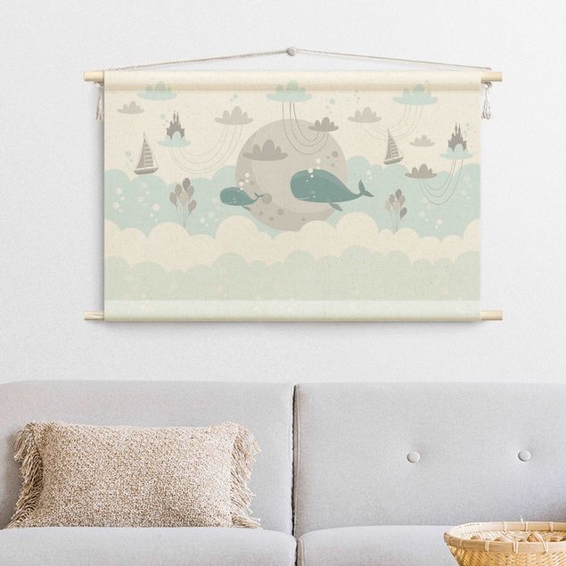 Wanddeko Babyzimmer Wolken mit Wal und Schloss