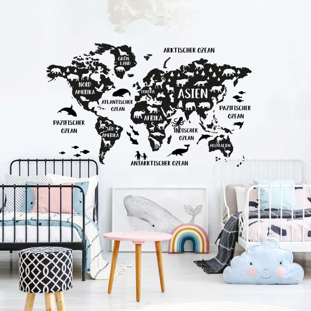 Wanddeko Mädchenzimmer XXL Weltkarte mit Tieren
