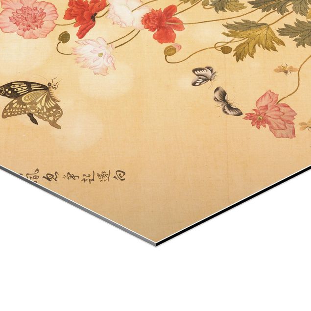 Wanddeko über Sofa Yuanyu Ma - Mohnblumen und Schmetterlinge