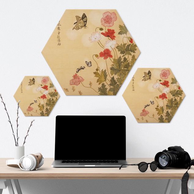 Wanddeko Praxis Yuanyu Ma - Mohnblumen und Schmetterlinge