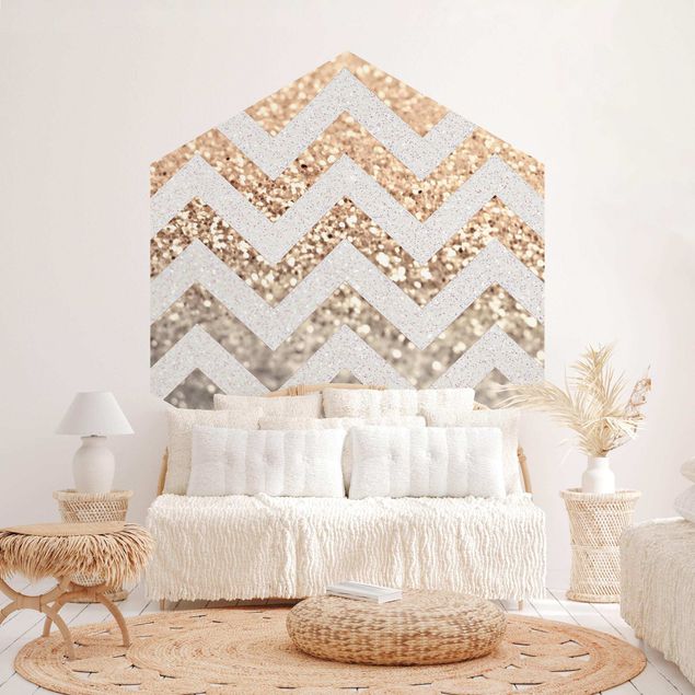 Wanddeko Schlafzimmer Zackenlinien mit Goldglitzer und Silber