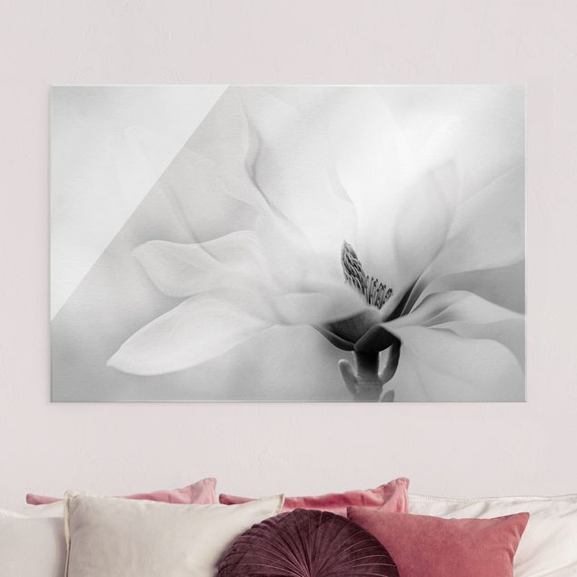Wanddeko Schlafzimmer Zarte Magnolienblüte Schwarz-Weiß
