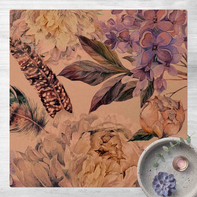Wanddeko Schlafzimmer Zartes Aquarell Boho Blüten und Federn Muster