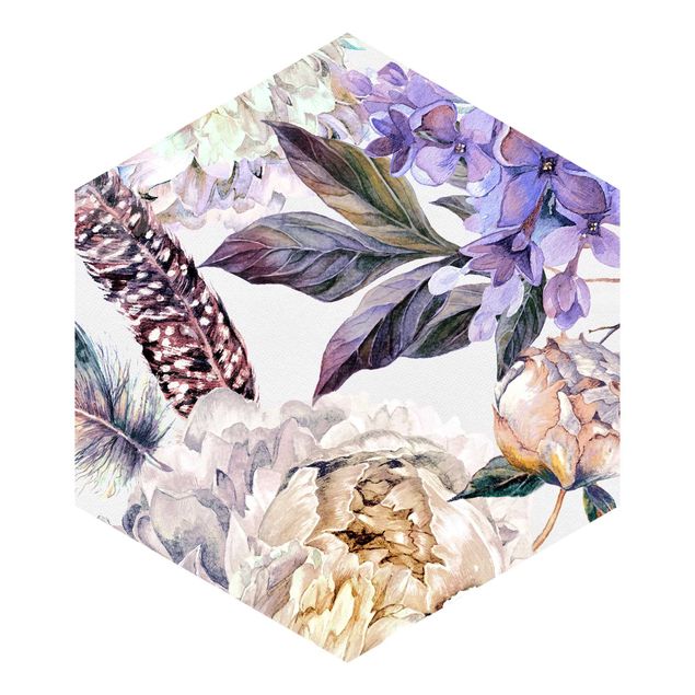 Wanddeko Esszimmer Zartes Aquarell Boho Blüten und Federn Muster