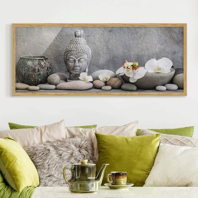 Wandbilder Orchideen Zen Buddha mit weißen Orchideen