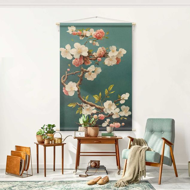 Wanddeko Wohnzimmer Zweig mit Blüten auf Türkis